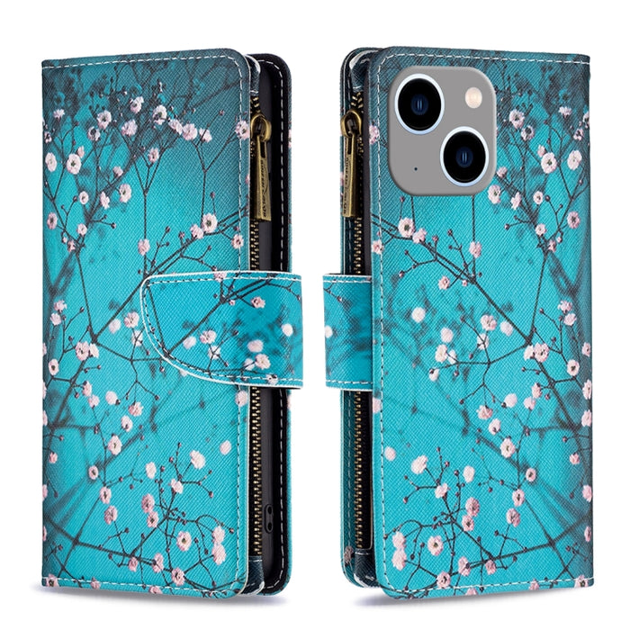 Estuche de cuero para teléfono con cremallera y patrón de dibujo coloreado