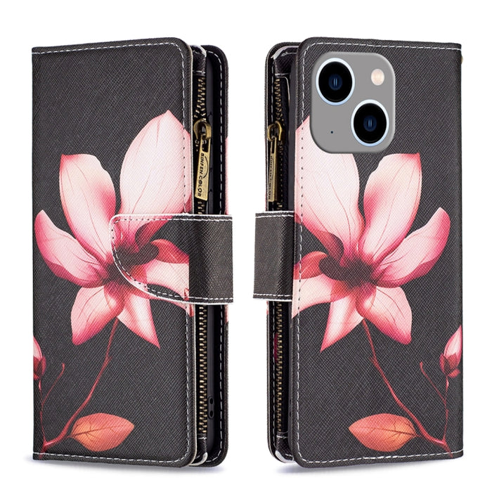 Estuche de cuero para teléfono con cremallera y patrón de dibujo coloreado
