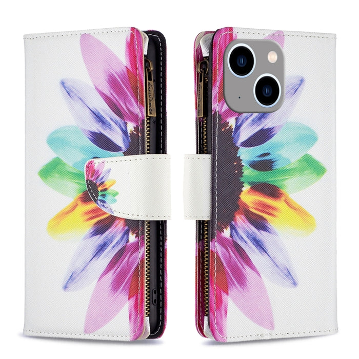 Estuche de cuero para teléfono con cremallera y patrón de dibujo coloreado