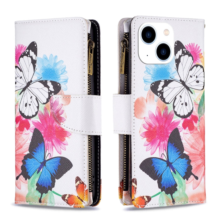 Estuche de cuero para teléfono con cremallera y patrón de dibujo coloreado