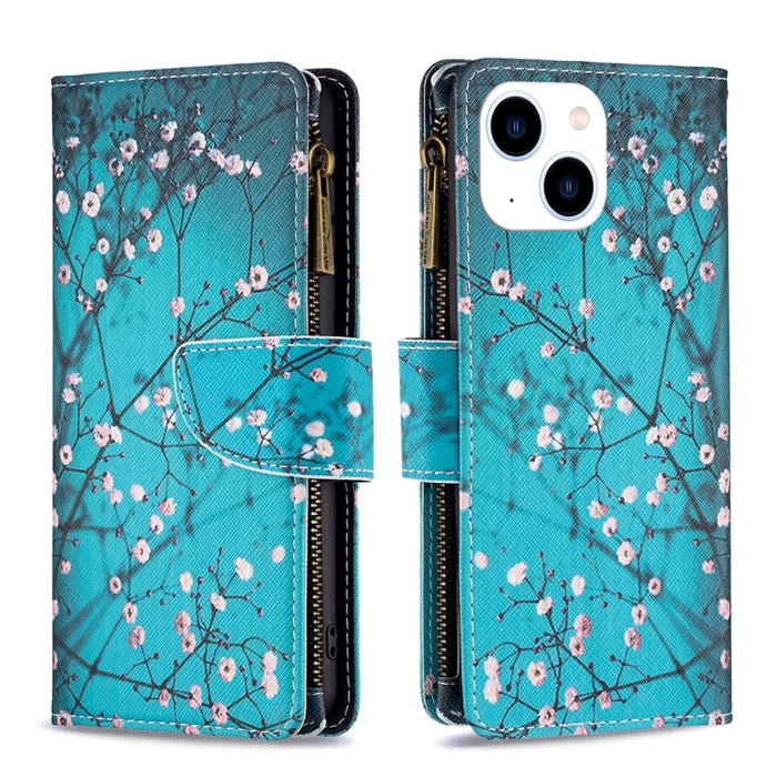 Estuche de cuero para teléfono con cremallera y patrón de dibujo coloreado