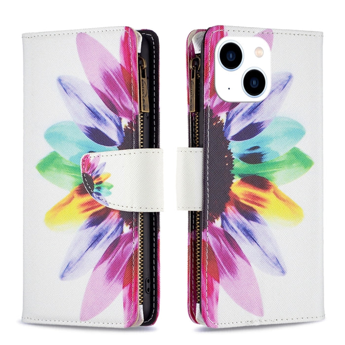 Estuche de cuero para teléfono con cremallera y patrón de dibujo coloreado