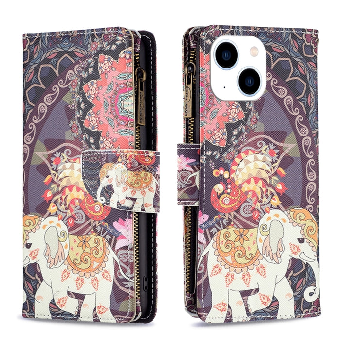 Estuche de cuero para teléfono con cremallera y patrón de dibujo coloreado