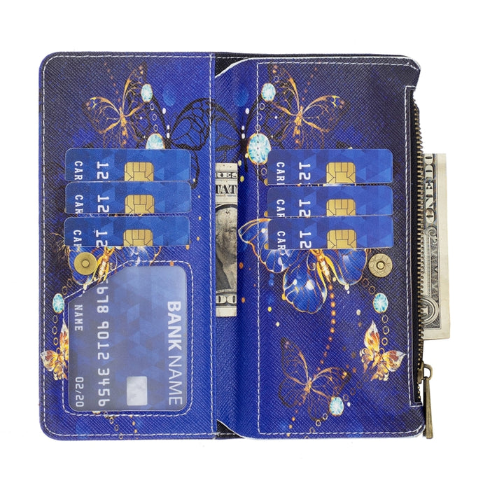 Estuche de cuero para teléfono con cremallera y patrón de dibujo coloreado