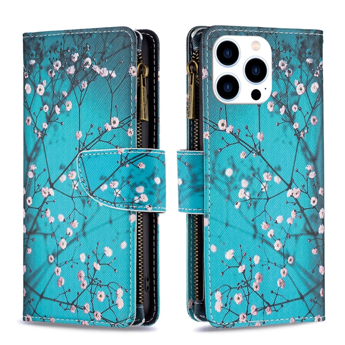 Estuche de cuero para teléfono con cremallera y patrón de dibujo coloreado