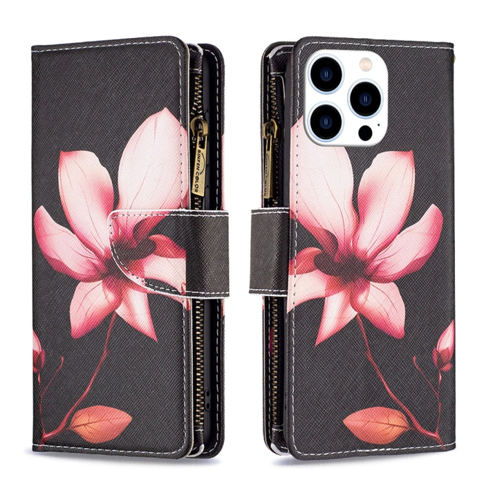 Estuche de cuero para teléfono con cremallera y patrón de dibujo coloreado