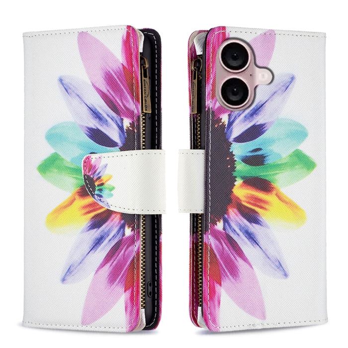 Estuche de cuero para teléfono con cremallera y patrón de dibujo coloreado