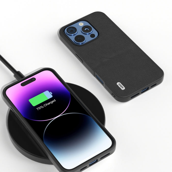 ABEEL Estuche para teléfono con borde negro Wave de cuero genuino