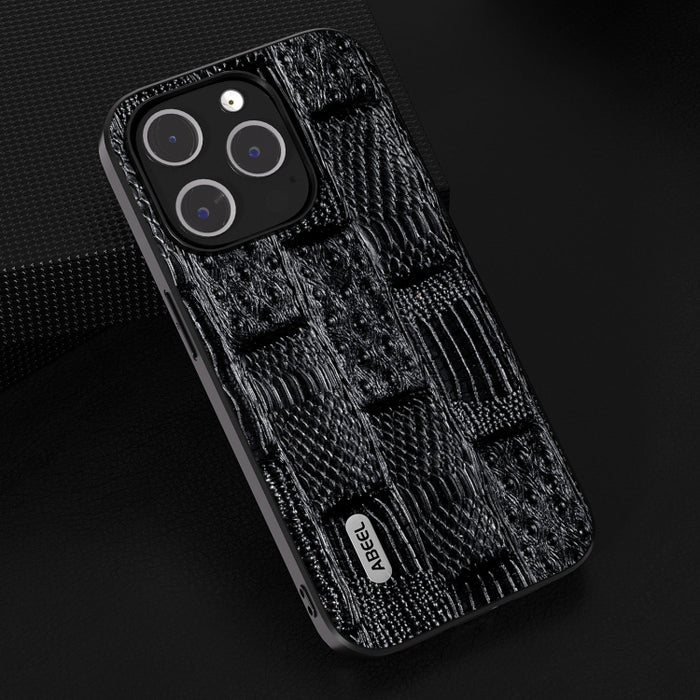 Funda para teléfono con borde negro y patrón Mahjong de cuero genuino ABEEL
