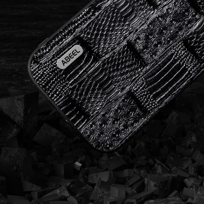 Funda para teléfono con borde negro y patrón Mahjong de cuero genuino ABEEL