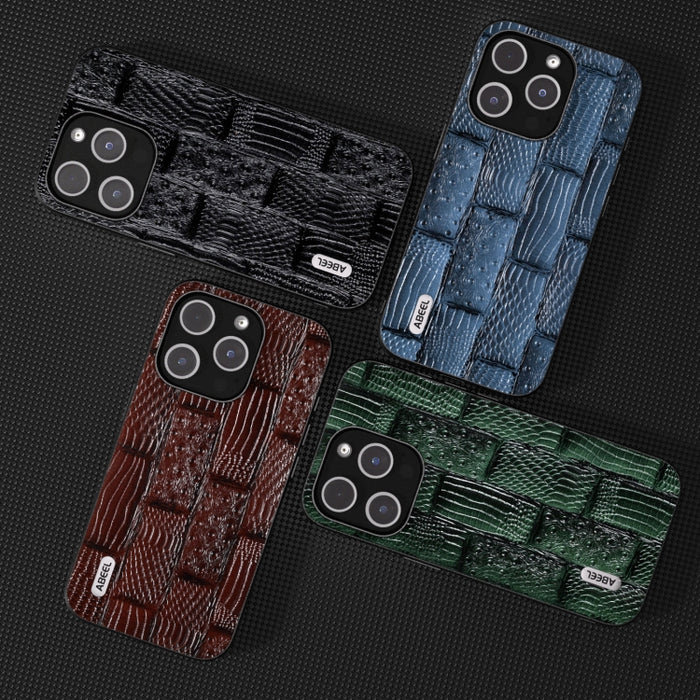 Funda para teléfono con borde negro y patrón Mahjong de cuero genuino ABEEL