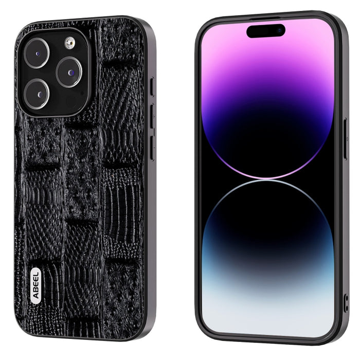 Funda para teléfono con borde negro y patrón Mahjong de cuero genuino ABEEL