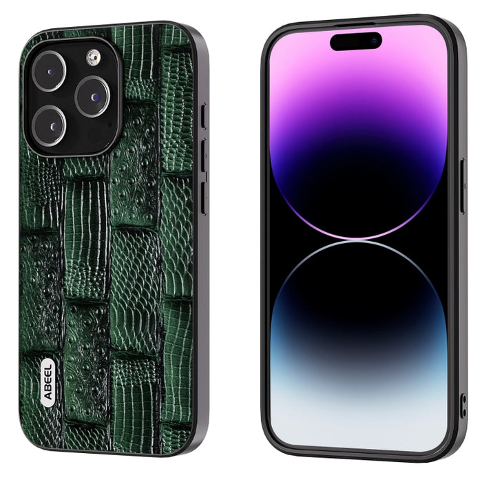Funda para teléfono con borde negro y patrón Mahjong de cuero genuino ABEEL