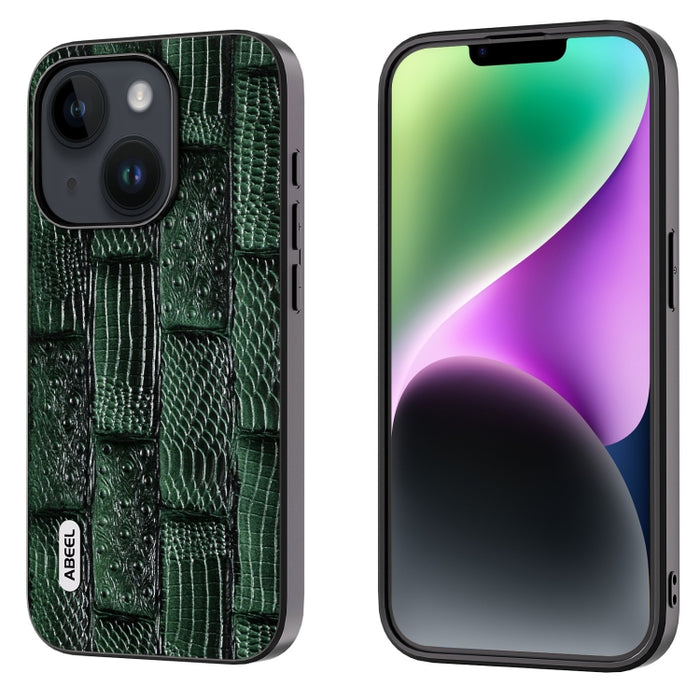 Funda para teléfono con borde negro y patrón Mahjong de cuero genuino ABEEL
