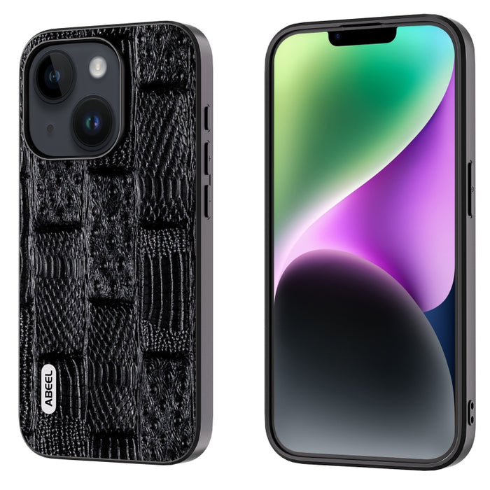 Funda para teléfono con borde negro y patrón Mahjong de cuero genuino ABEEL