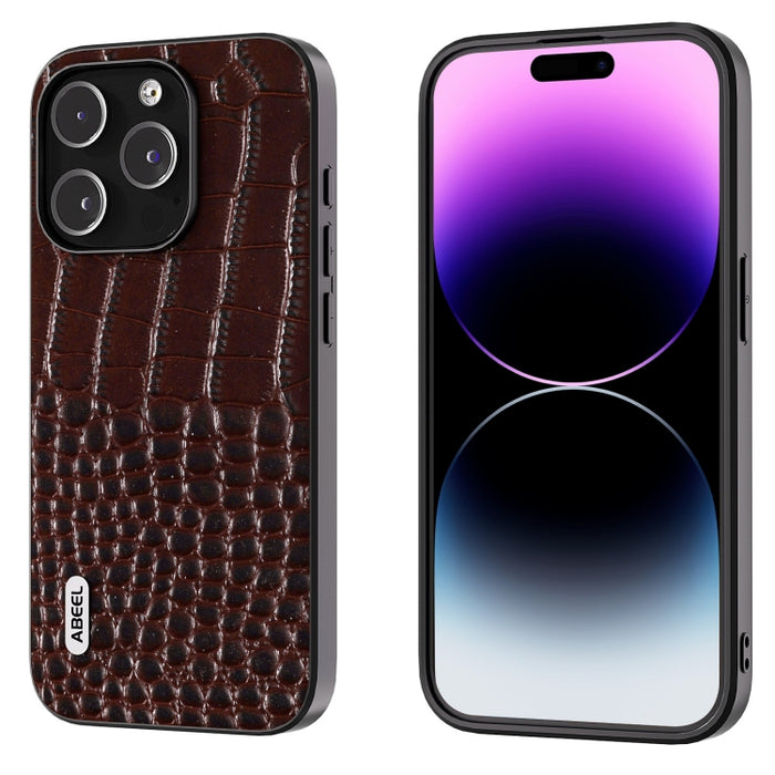 Funda para teléfono con borde negro y patrón de cocodrilo de cuero genuino ABEEL