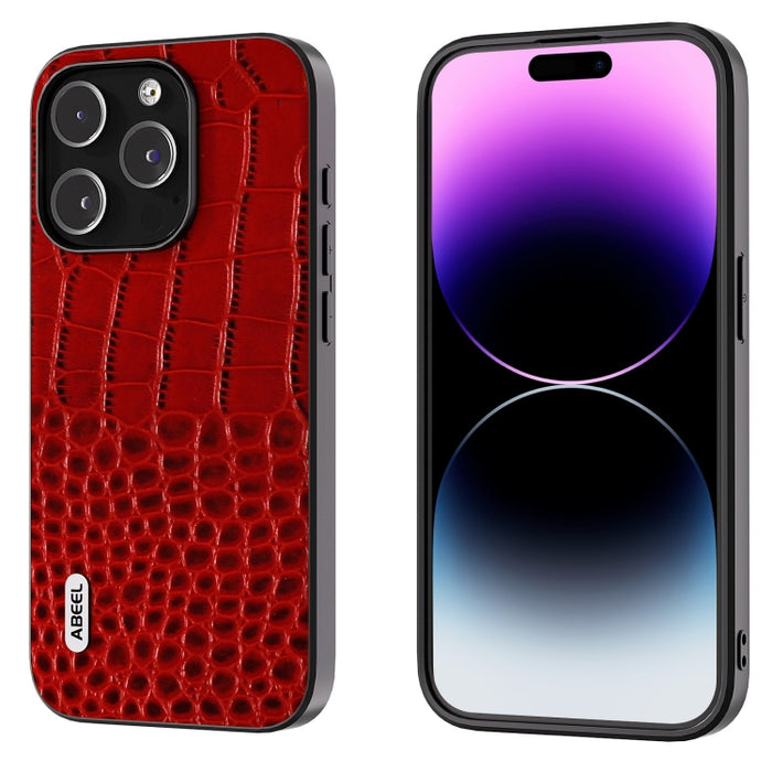 Funda para teléfono con borde negro y patrón de cocodrilo de cuero genuino ABEEL