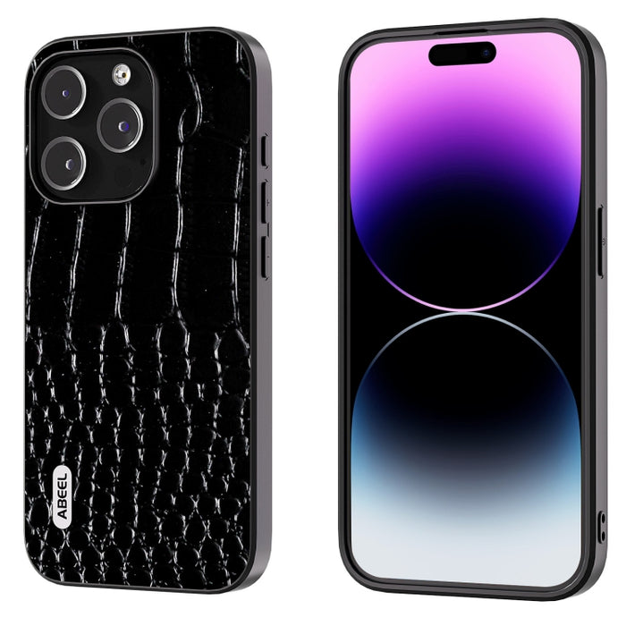 Funda para teléfono con borde negro y patrón de cocodrilo de cuero genuino ABEEL