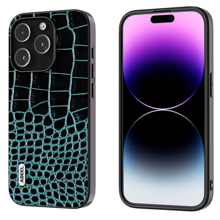 Funda para teléfono con borde negro y patrón de cocodrilo de cuero genuino ABEEL