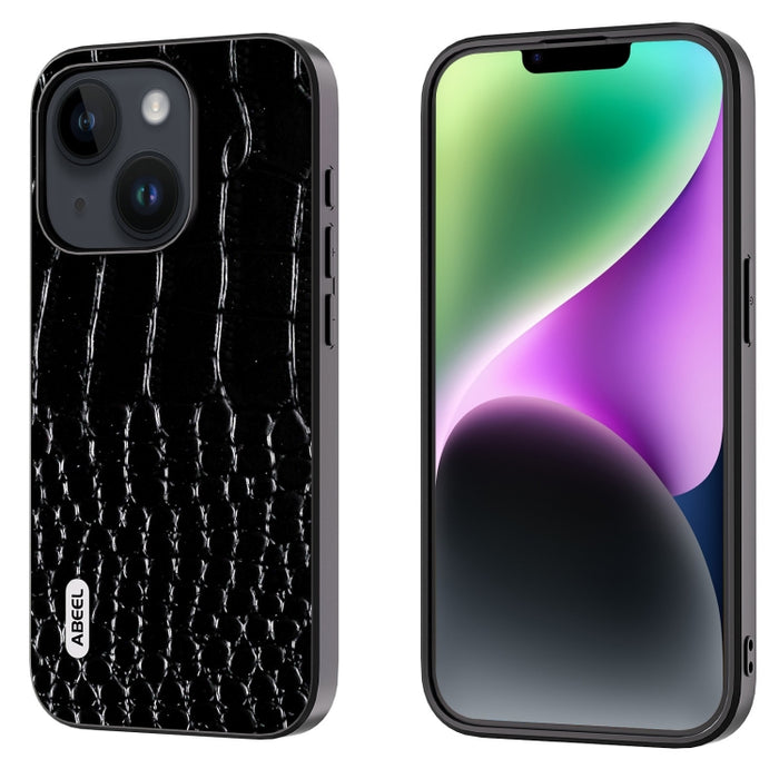 Funda para teléfono con borde negro y patrón de cocodrilo de cuero genuino ABEEL