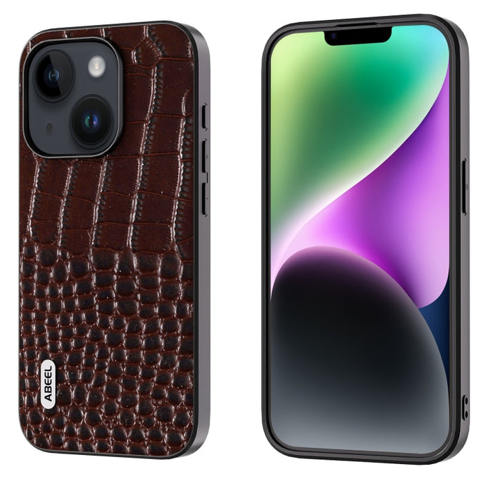 Funda para teléfono con borde negro y patrón de cocodrilo de cuero genuino ABEEL