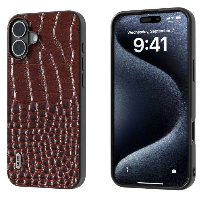 Funda para teléfono con borde negro y patrón de cocodrilo de cuero genuino ABEEL