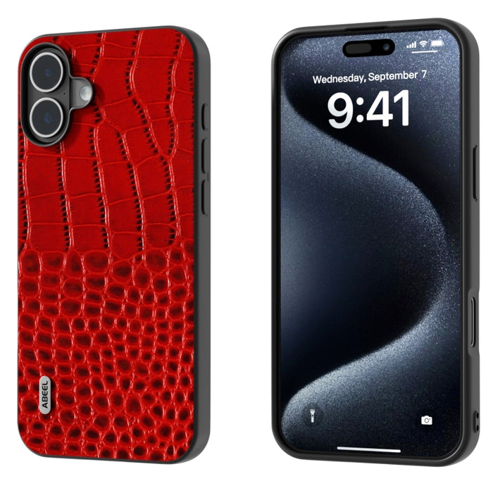 Funda para teléfono con borde negro y patrón de cocodrilo de cuero genuino ABEEL