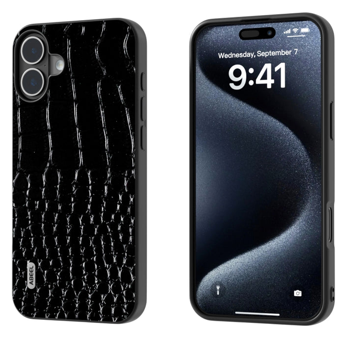 Funda para teléfono con borde negro y patrón de cocodrilo de cuero genuino ABEEL