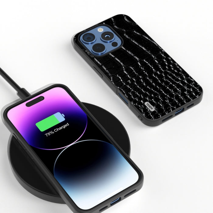 Funda para teléfono con borde negro y patrón de cocodrilo de cuero genuino ABEEL