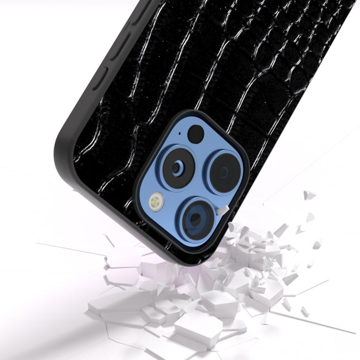 Funda para teléfono con borde negro y patrón de cocodrilo de cuero genuino ABEEL