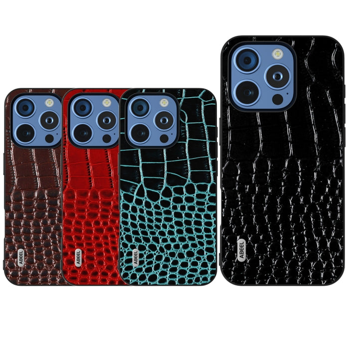 Funda para teléfono con borde negro y patrón de cocodrilo de cuero genuino ABEEL
