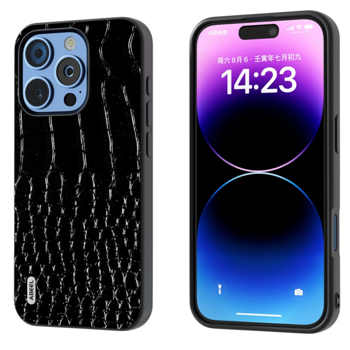 Funda para teléfono con borde negro y patrón de cocodrilo de cuero genuino ABEEL