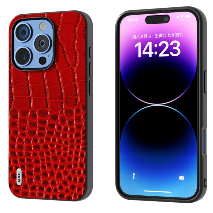 Funda para teléfono con borde negro y patrón de cocodrilo de cuero genuino ABEEL