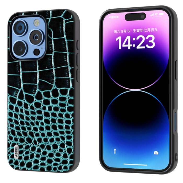 Funda para teléfono con borde negro y patrón de cocodrilo de cuero genuino ABEEL