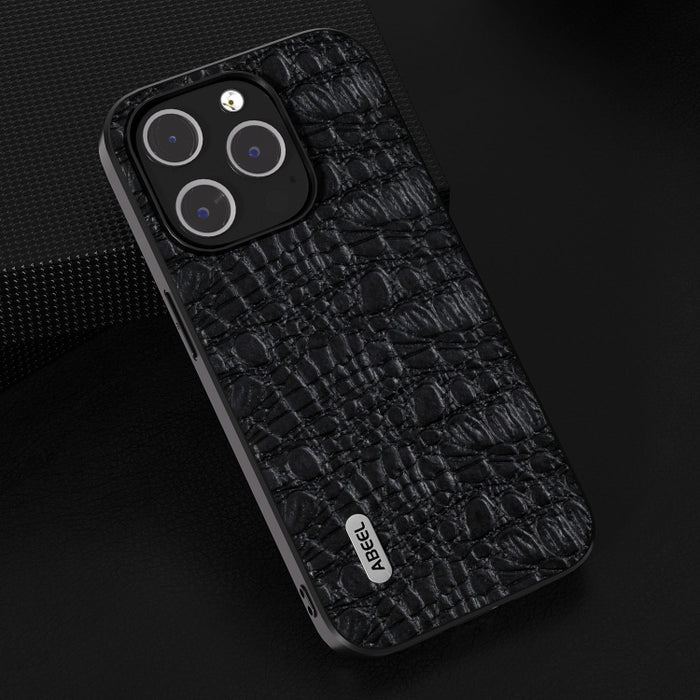 ABEEL Funda para teléfono con borde negro y dosel de cuero genuino