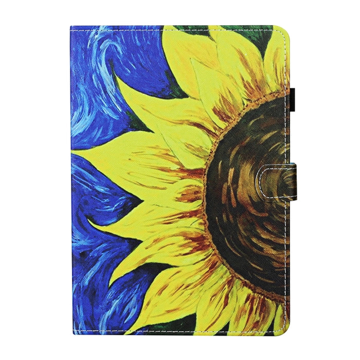 Estuche de cuero con tapa horizontal con costuras de dibujo a color, con soporte y ranuras para tarjetas y función de suspensión / activación