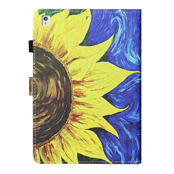 Estuche de cuero con tapa horizontal con costuras de dibujo a color, con soporte y ranuras para tarjetas y función de suspensión / activación