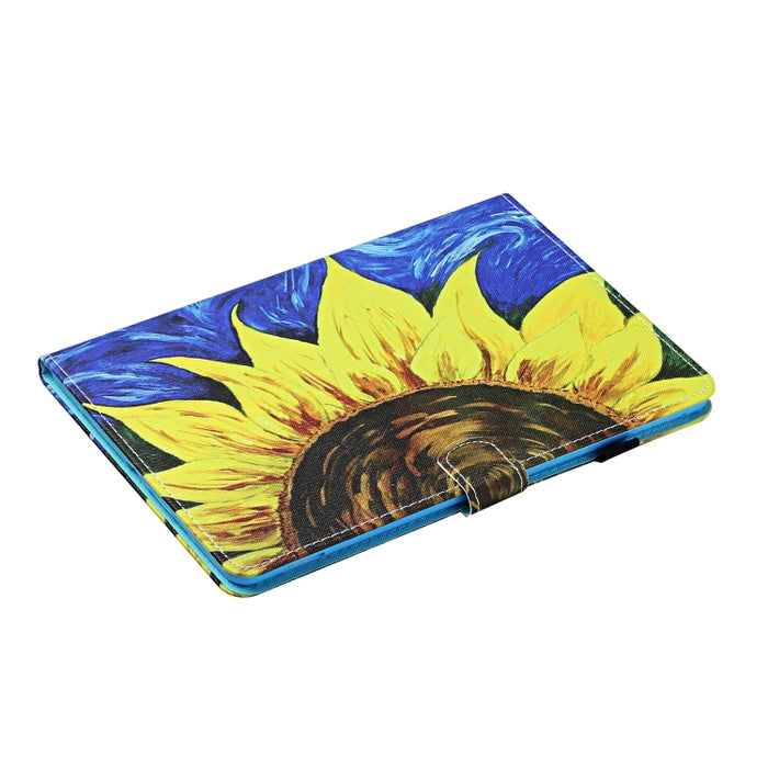 Estuche de cuero con tapa horizontal con costuras de dibujo a color, con soporte y ranuras para tarjetas y función de suspensión / activación