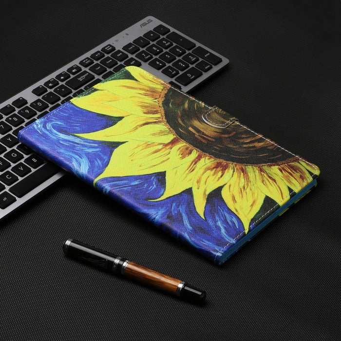 Estuche de cuero con tapa horizontal con costuras de dibujo a color, con soporte y ranuras para tarjetas y función de suspensión / activación