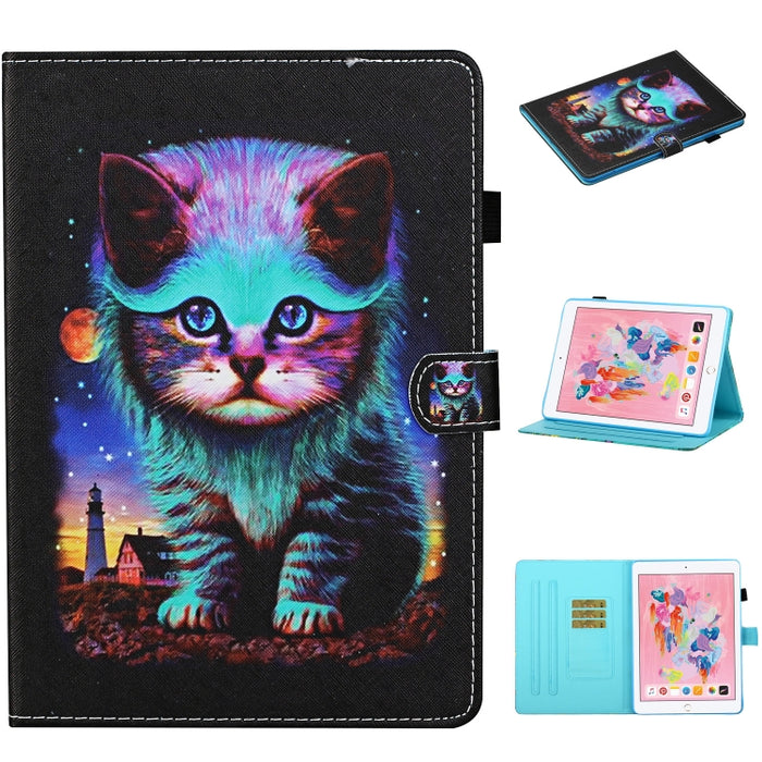 Estuche de cuero con tapa horizontal con costuras de dibujo a color, con soporte y ranuras para tarjetas y función de suspensión / activación