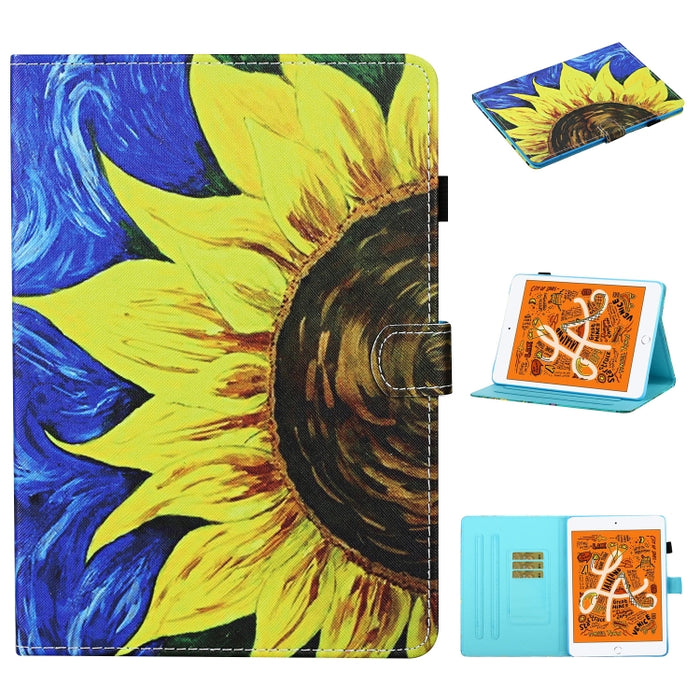 Estuche de cuero con tapa horizontal con costuras de dibujo a color, con soporte y ranuras para tarjetas y función de suspensión / activación