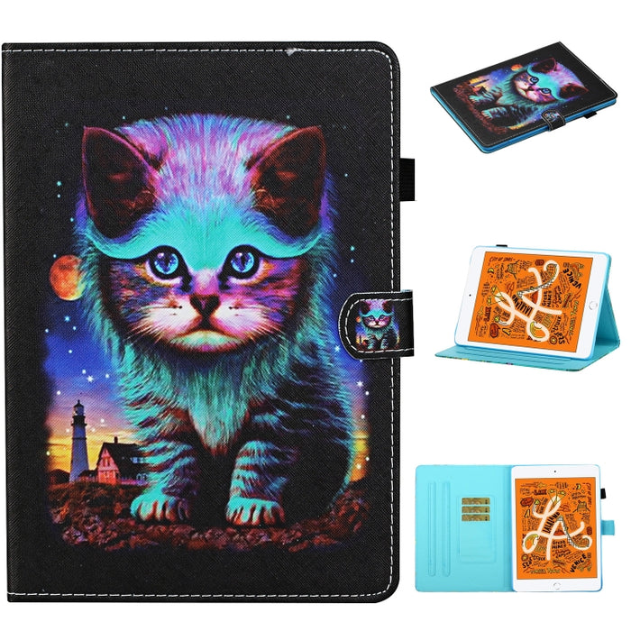 Estuche de cuero con tapa horizontal con costuras de dibujo a color, con soporte y ranuras para tarjetas y función de suspensión / activación