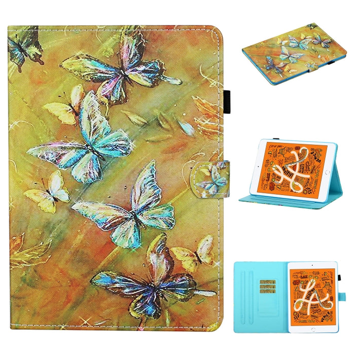Estuche de cuero con tapa horizontal con costuras de dibujo a color, con soporte y ranuras para tarjetas y función de suspensión / activación