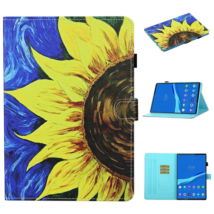 Estuche de cuero con tapa horizontal con costuras de dibujo a color, con soporte y ranuras para tarjetas y función de suspensión / activación