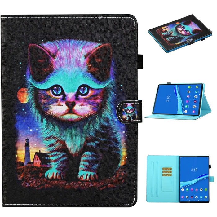 Estuche de cuero con tapa horizontal con costuras de dibujo a color, con soporte y ranuras para tarjetas y función de suspensión / activación