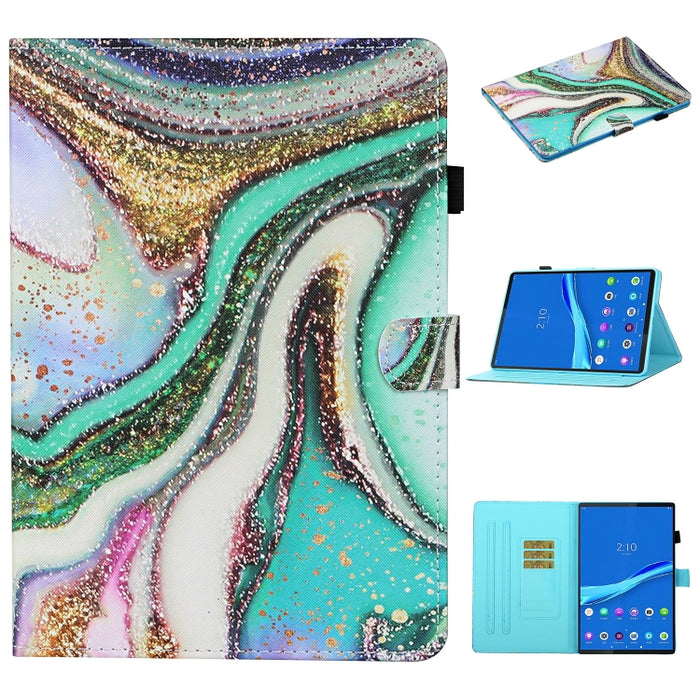Estuche de cuero con tapa horizontal con costuras de dibujo a color, con soporte y ranuras para tarjetas y función de suspensión / activación
