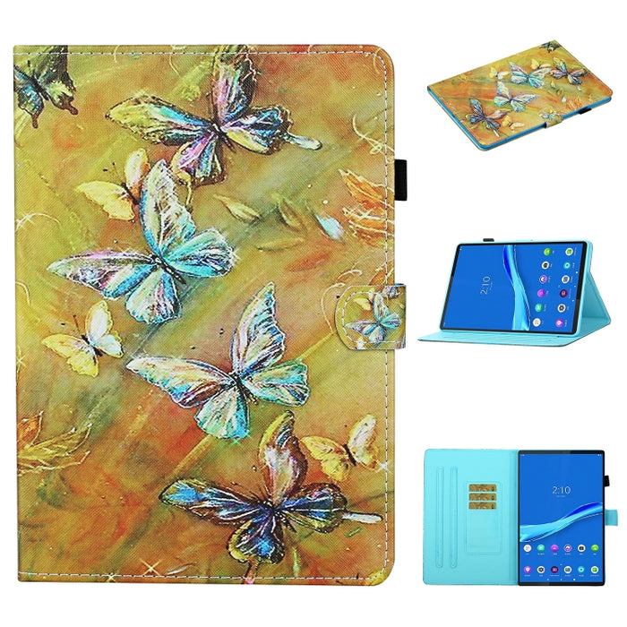 Estuche de cuero con tapa horizontal con costuras de dibujo a color, con soporte y ranuras para tarjetas y función de suspensión / activación
