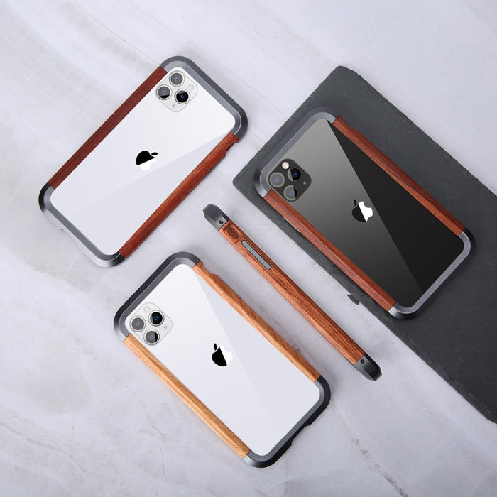R-JUST Metal + Estuche protector con marco de madera, For iPhone 11, For iPhone 11 Pro, For iPhone 11 Pro Max, For iPhone X / XS, For iPhone XS Max, For iPhone XR
