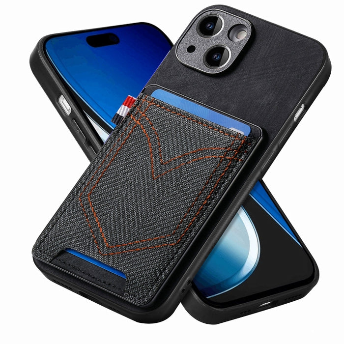 Estuche para teléfono de piel de cuero con textura de mezclilla con ranura para tarjeta, For iPhone 15 Pro Max, For iPhone 15 Pro, For iPhone 15 Plus, For iPhone 15, For iPhone 14 Pro, For iPhone 14 Pro Max