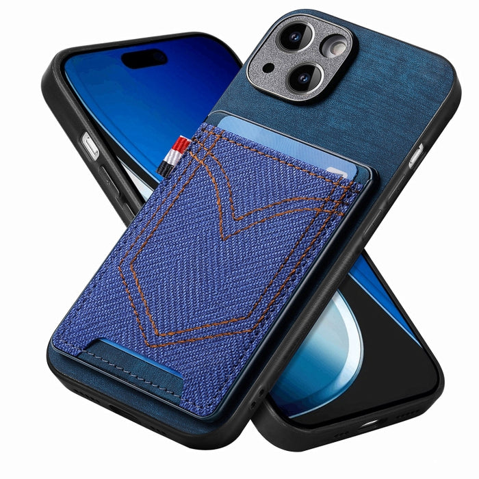 Estuche para teléfono de piel de cuero con textura de mezclilla con ranura para tarjeta, For iPhone 15 Pro Max, For iPhone 15 Pro, For iPhone 15 Plus, For iPhone 15, For iPhone 14 Pro, For iPhone 14 Pro Max